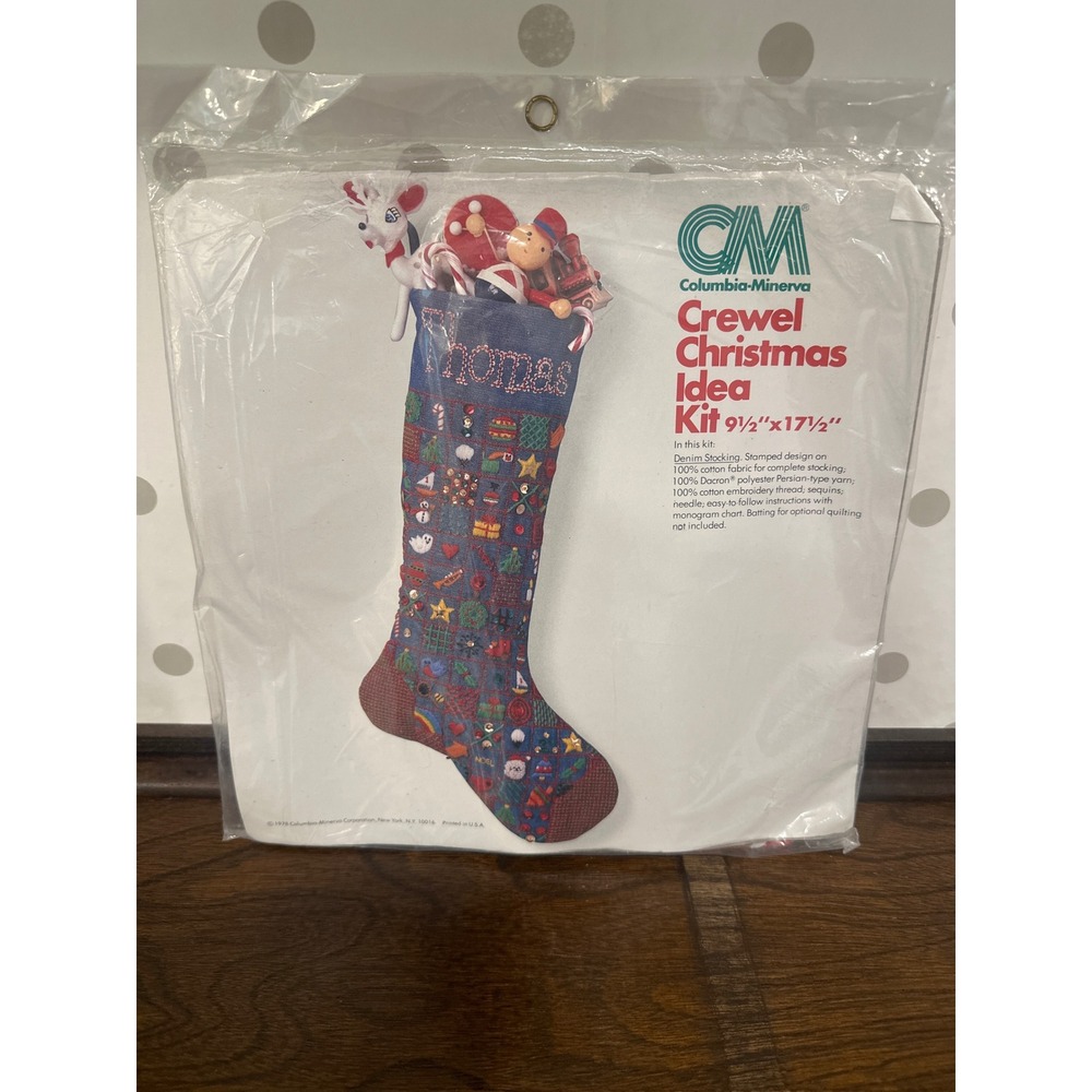 Vintage 1978 Columbia Minerva Crewel Christmas Denim Stocking Kit 7873 holiday